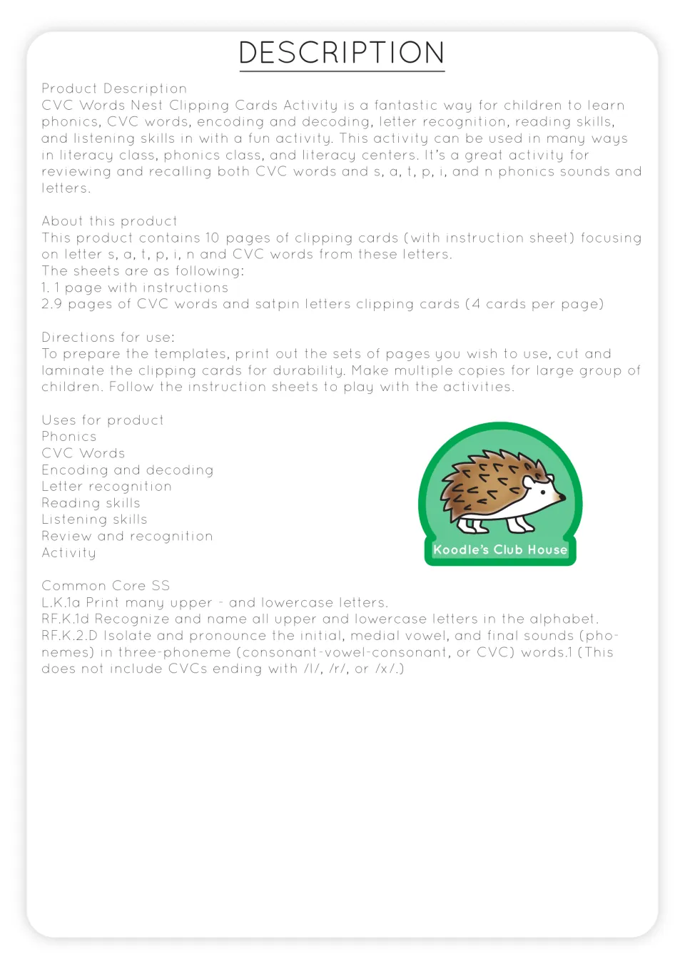 Product description: 10 pages of s, a, t, p, i, n clip cards, print and laminate directions, and a list of uses
