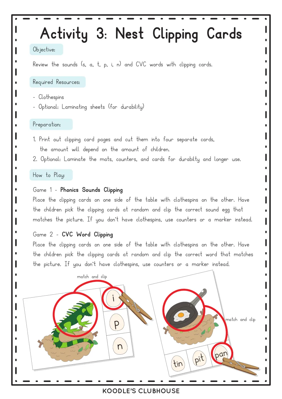 Nest clipping cards instructions: objective, clothespins, prep steps, and two games for clipping the sound or the CVC word