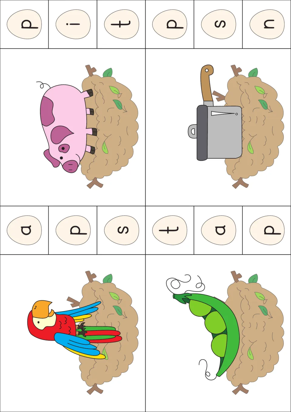 Beginning sound p cards: pig, pot, parrot and pea pod in nests; students clip the egg showing each first letter