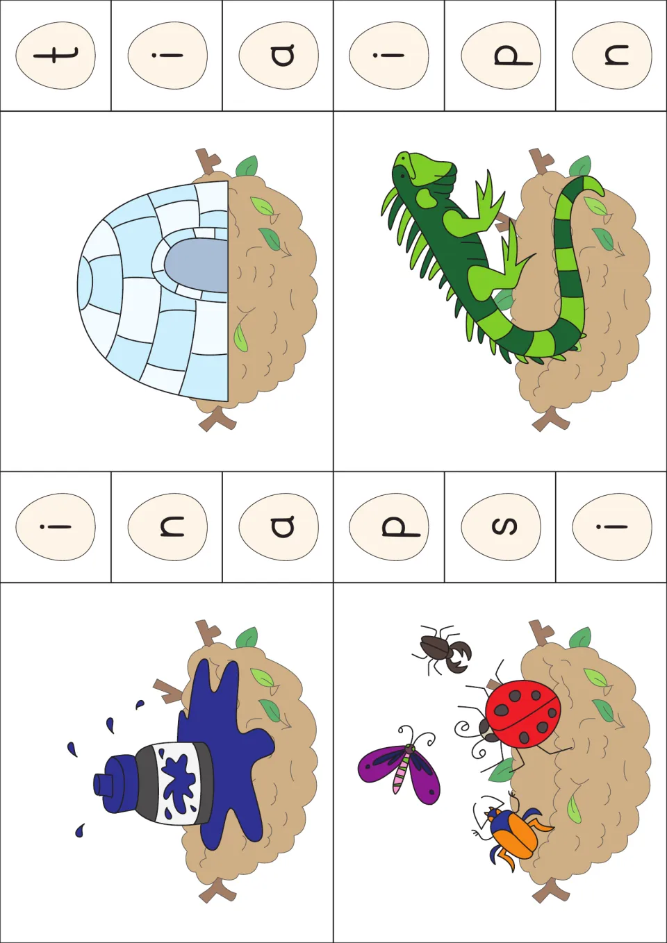 Beginning sound i cards: igloo, iguana, ink and insects in nests; students clip the egg with the matching letter