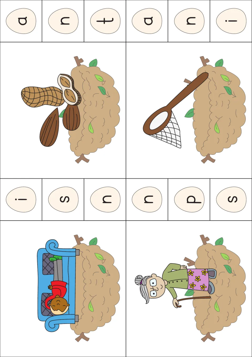 Beginning sound n cards: nuts, net, a child napping and a grandma in nests; students clip the n egg for each