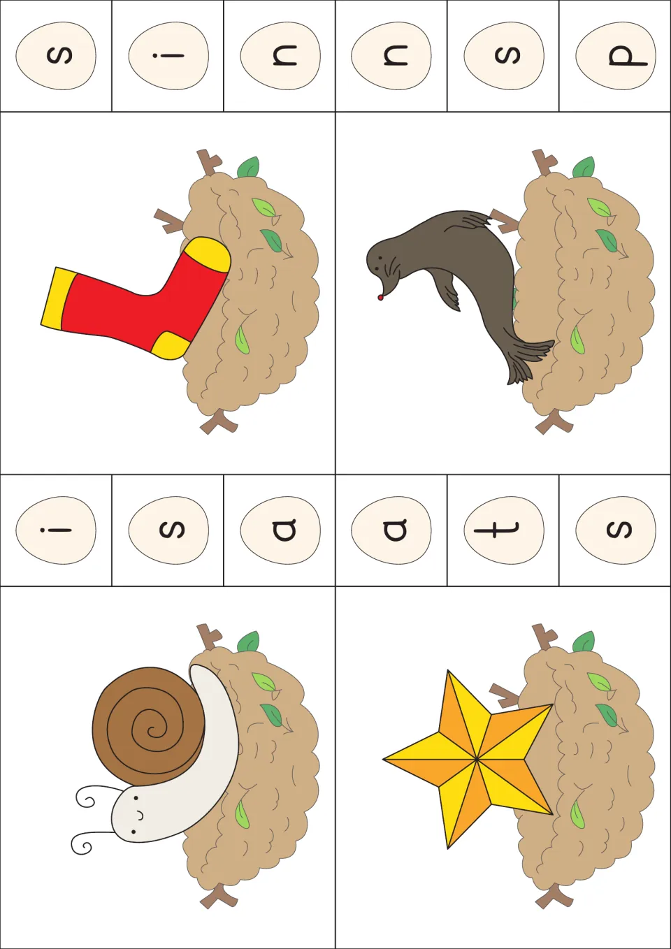 Beginning sound s cards: sock, seal, snail and star in nests; students identify the first sound and clip the s egg