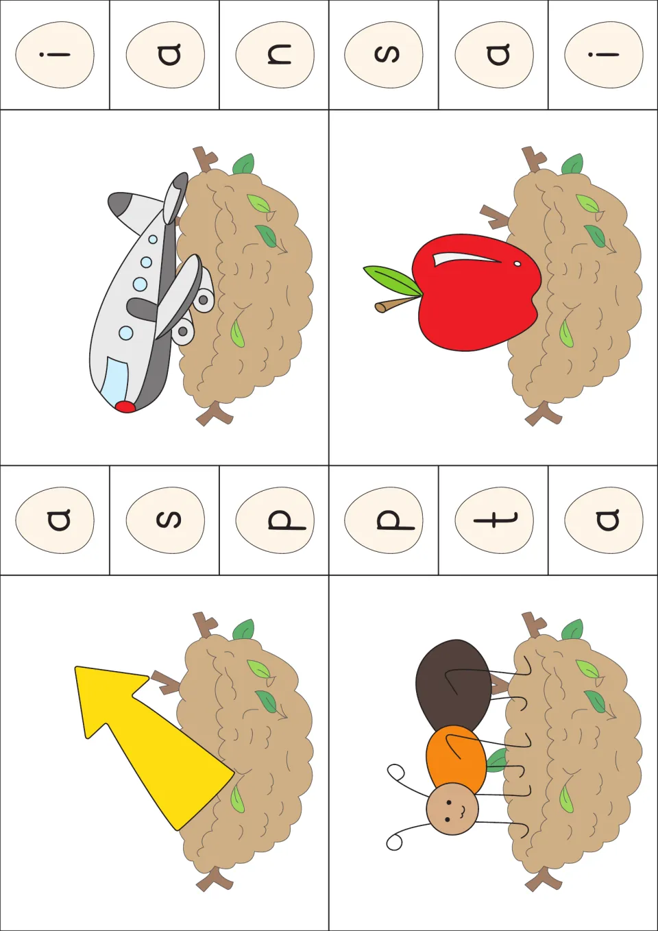 Beginning sound a cards: airplane, apple, arrow and ant in nests; students clip the a egg for each picture