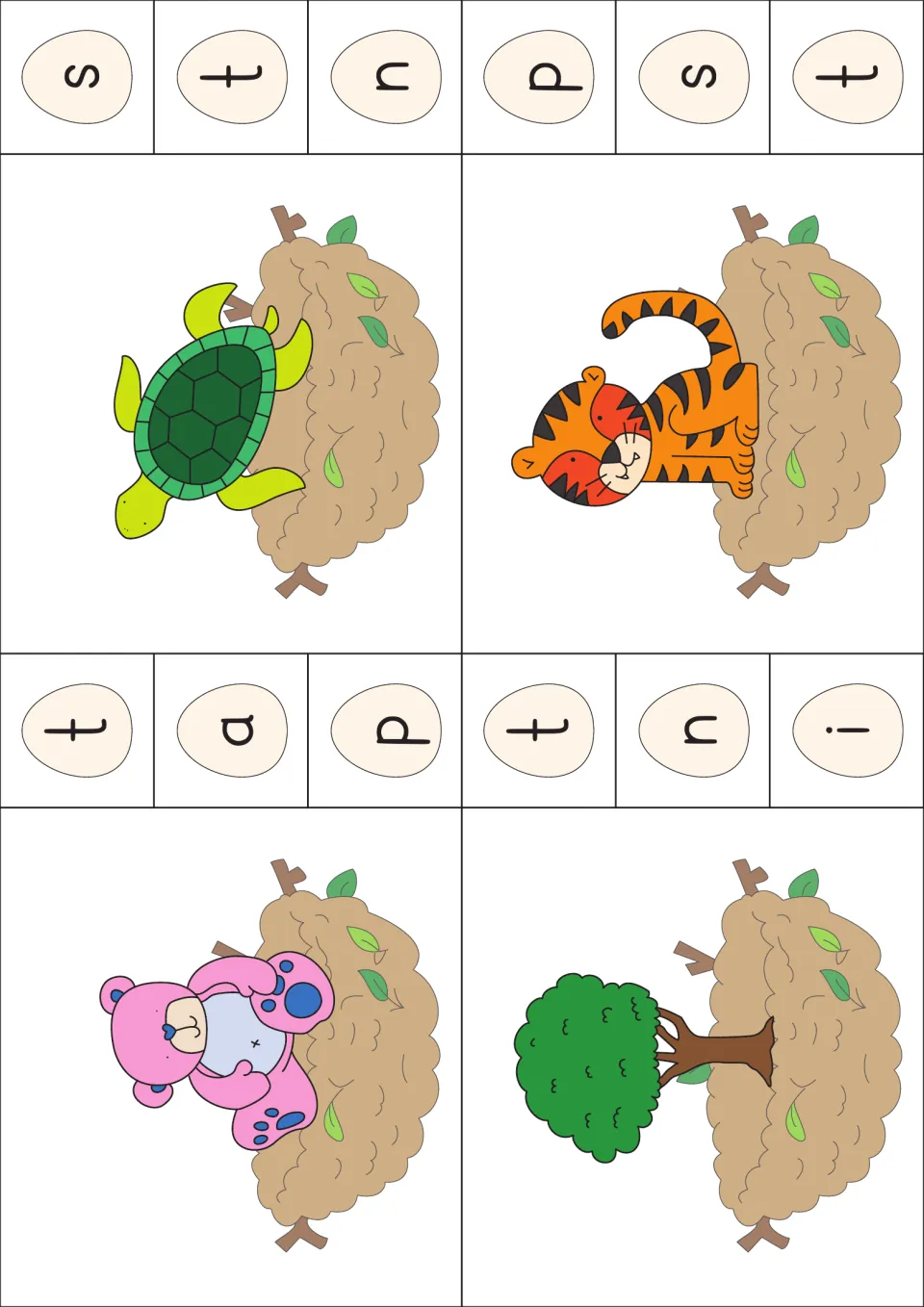 Beginning sound t cards: turtle, tiger, teddy bear and tree in nests; students match each picture to its t letter egg