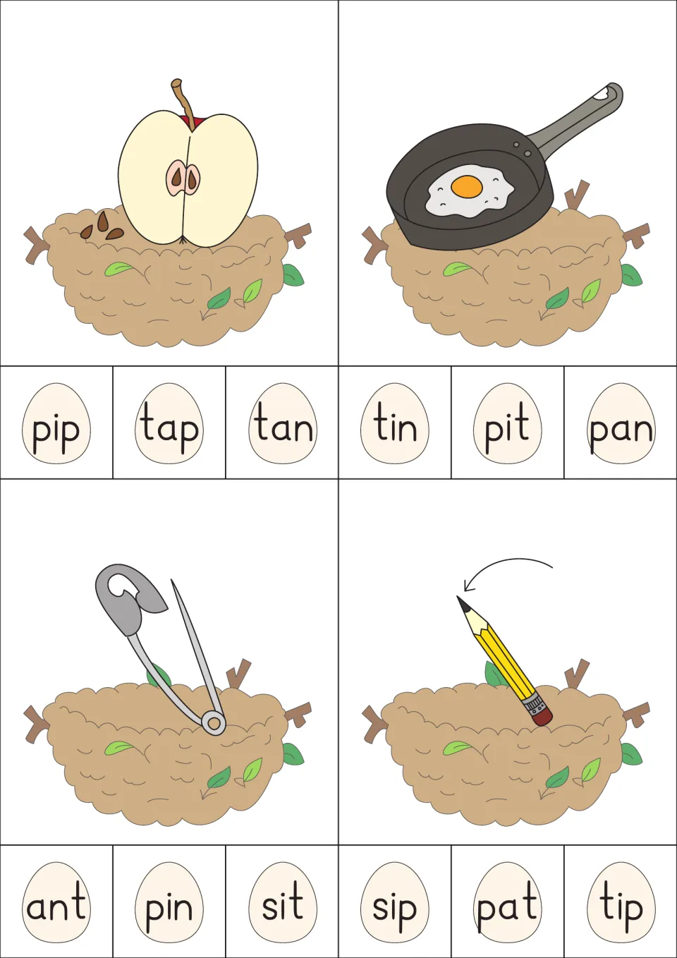 CVC word clip cards: apple pip, pan with egg, safety pin and pencil tip; students read three words and clip the match
