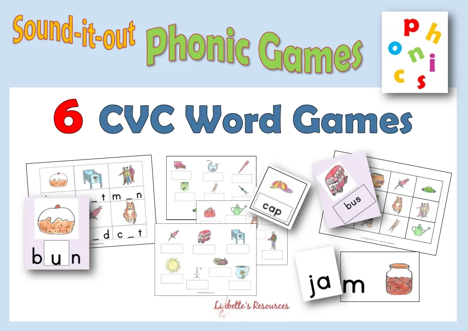 Sound-it-out Phonic Games cover for 6 CVC word games, showing picture baseboards and cards such as bus, cap, jam and bun