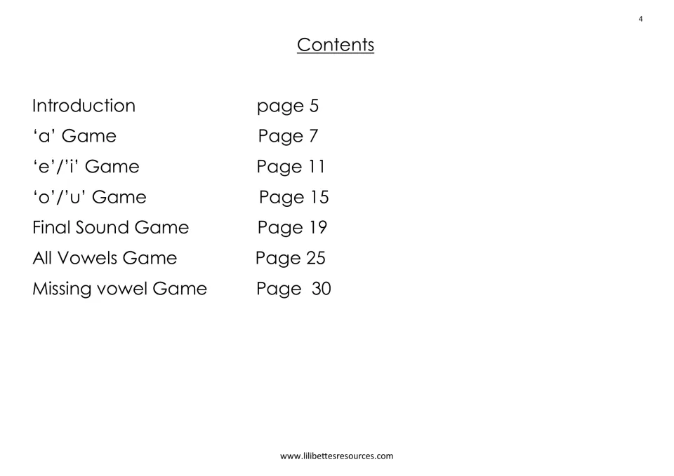 Contents list: introduction, then the 'a', 'e'/'i' and 'o'/'u' games, Final Sound, All Vowels and Missing Vowel games