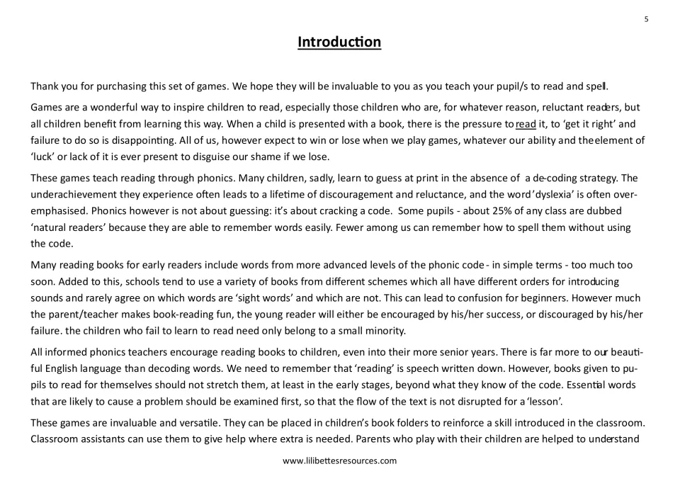 Introduction for adults on teaching reading through phonics games, decoding instead of guessing, and choosing early books