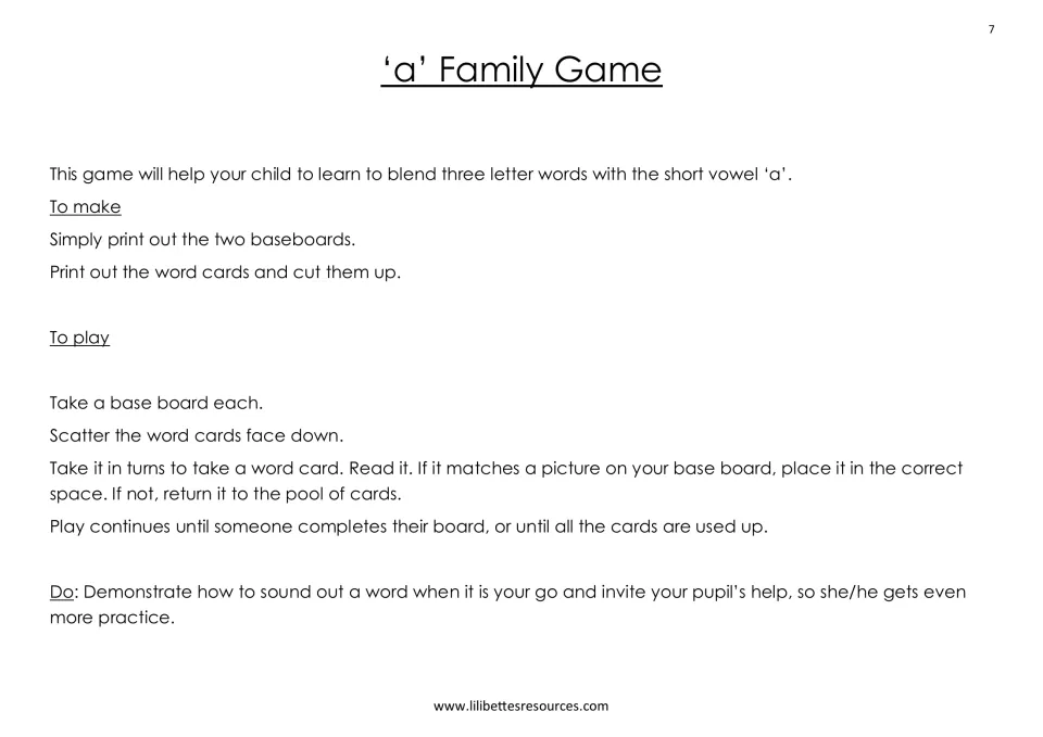 'a' Family Game rules: players draw word cards, read them and match short 'a' words to pictures on their own baseboard