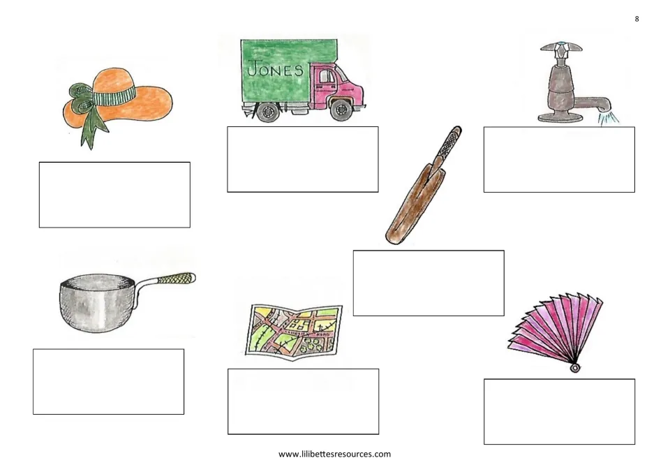 Short 'a' baseboard: pictures of a hat, van, bat, tap, pan, map and fan, each with a space for its matching word card
