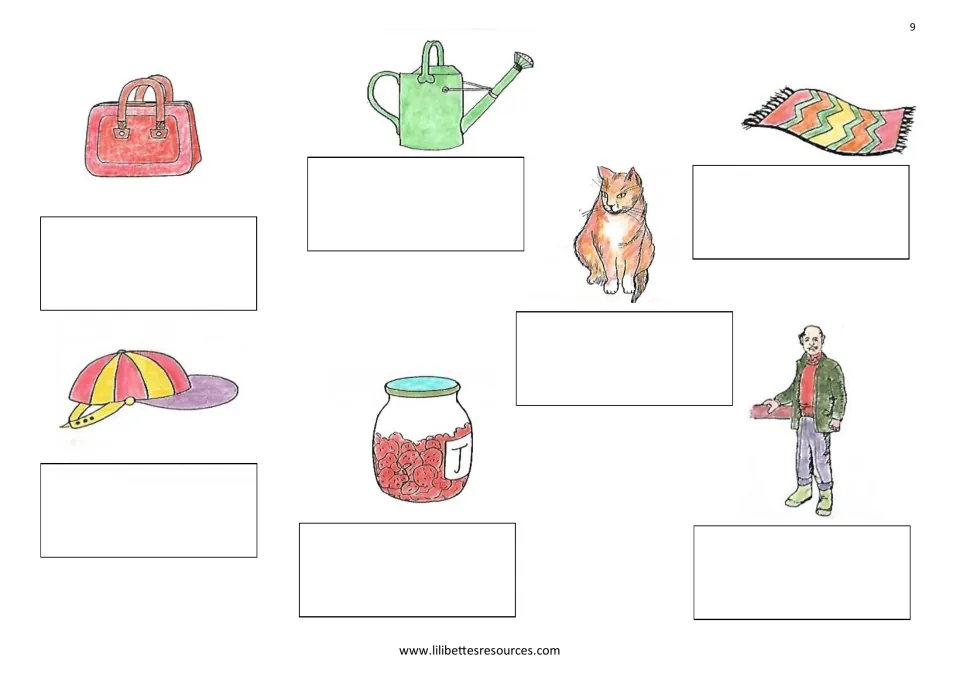 Second short 'a' baseboard: pictures of a bag, watering can, mat, cat, cap, jam jar and man, each awaiting a word card