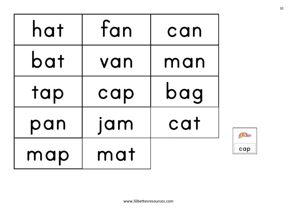 Short 'a' word cards to cut out: hat, fan, can, bat, van, man, tap, cap, bag, pan, jam, cat, map and mat