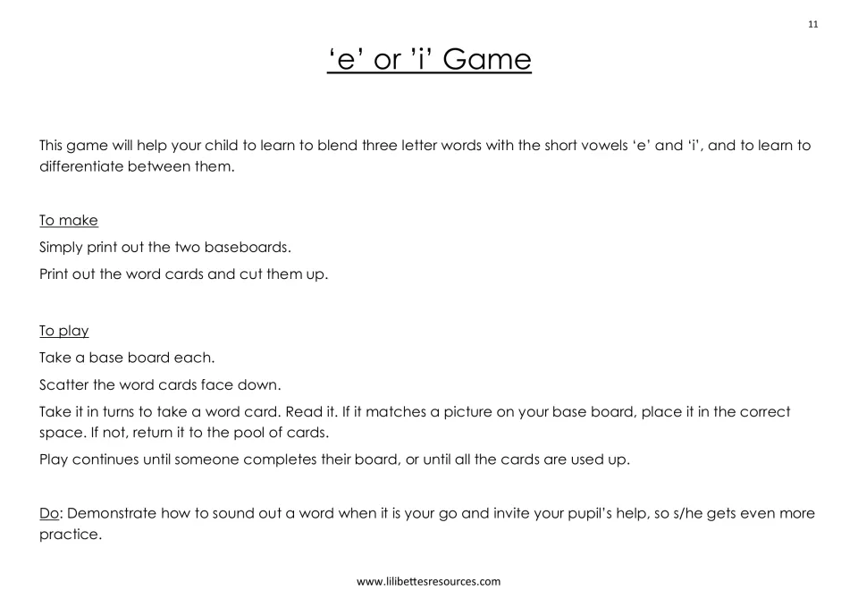 'e' or 'i' Game rules: players read word cards and match them to baseboard pictures to tell short 'e' from short 'i'