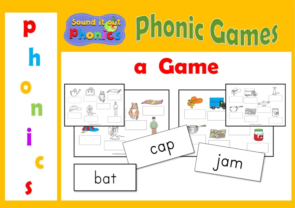Cover of the short-a phonics matching game, showing sample picture boards and the word cards cap, jam, and bat