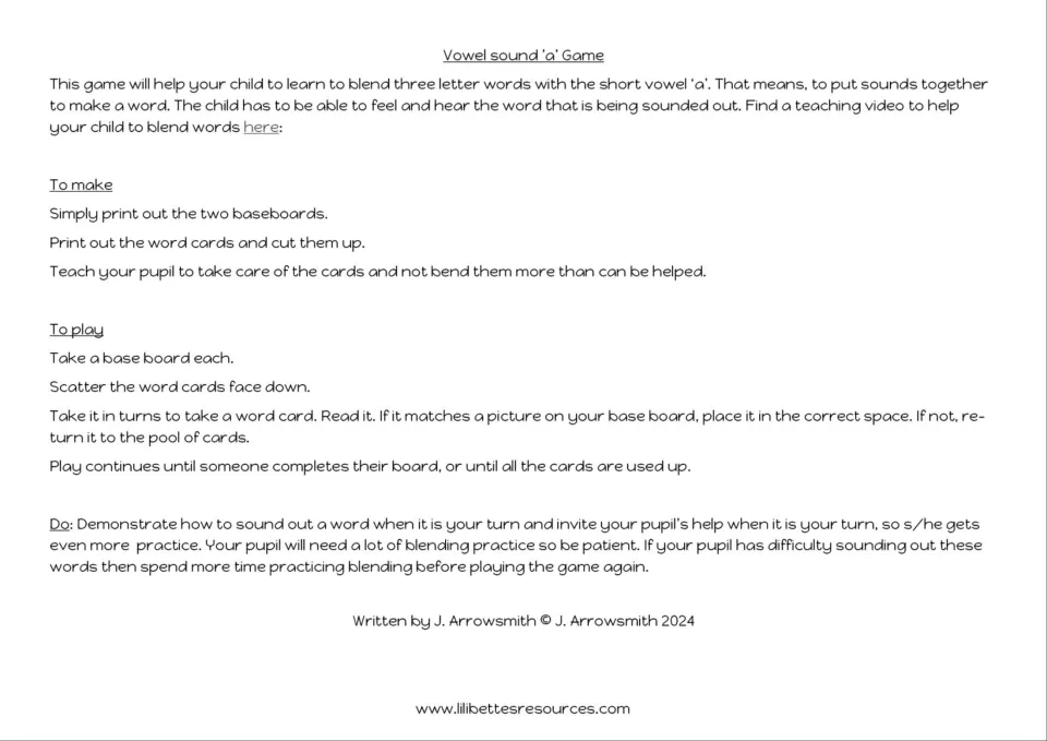 Short-a matching game instructions explain printing two boards, cutting word cards, and taking turns matching
