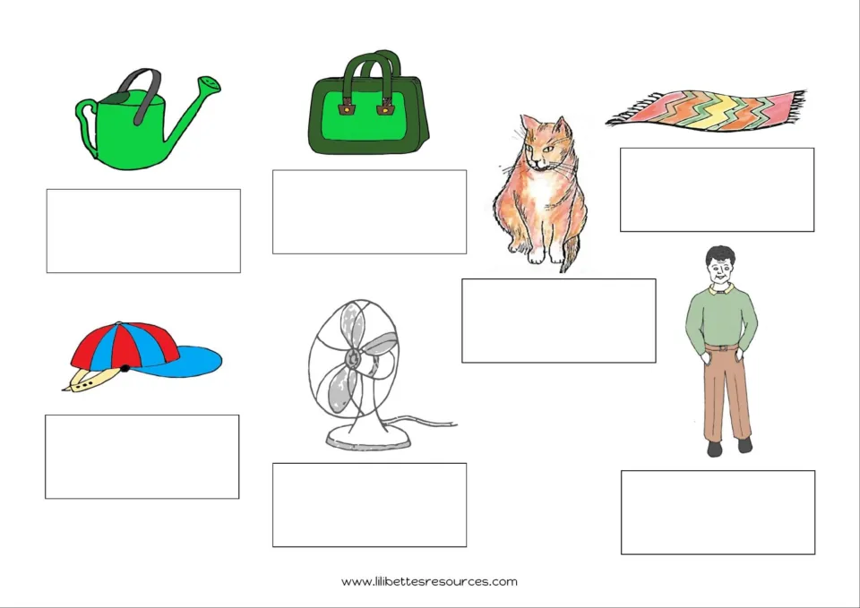 First color board for the short-a matching game: pictures for can, bag, cat, mat, cap, fan, and man