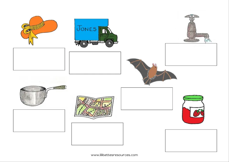 Second color board for the short-a matching game: pictures for hat, van, tap, bat, pan, map, and jam