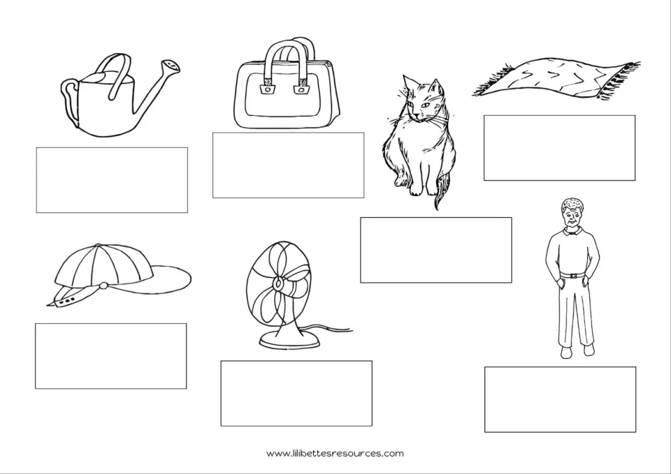 First black-and-white board for the short-a matching game: pictures for can, bag, cat, mat, cap, fan, and man