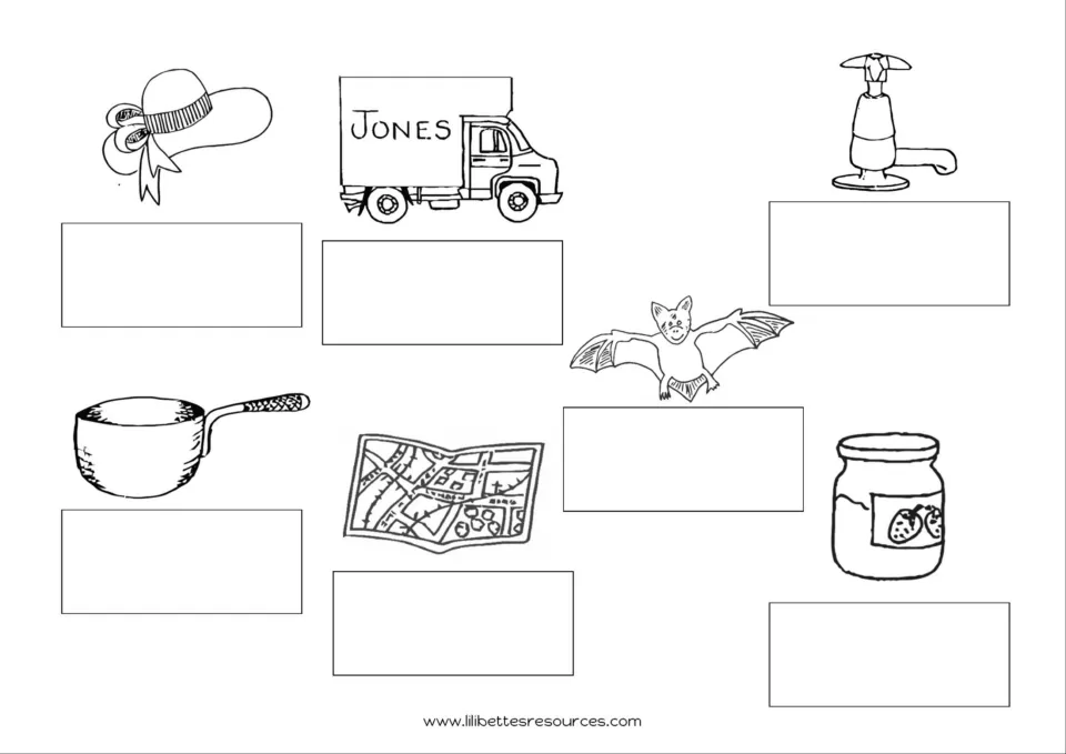 Second black-and-white board for the short-a matching game: pictures for hat, van, tap, bat, pan, map, and jam