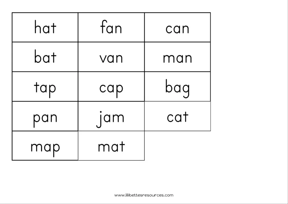Short-a matching game word cards: hat, fan, can, bat, van, man, tap, cap, bag, pan, jam, cat, map, and mat