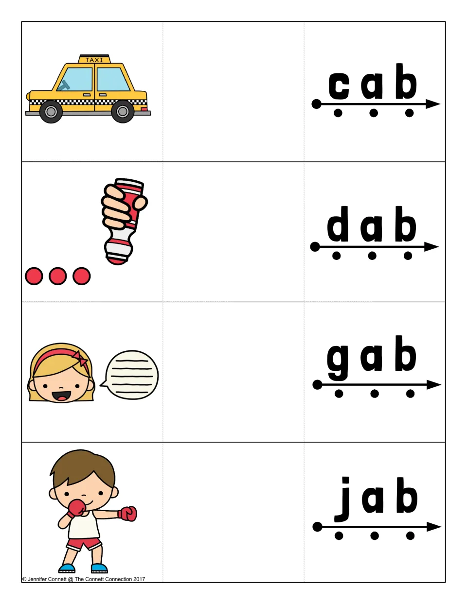 Short a -ab blending cards: cab, dab, gab and jab, each with a picture and a dotted arrow for sounding out each letter