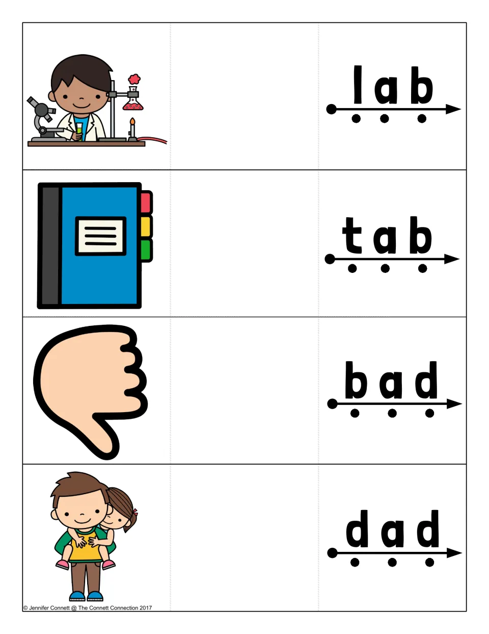 Short a cards for lab, tab, bad and dad: students touch each dot to blend, with a matching picture to reveal