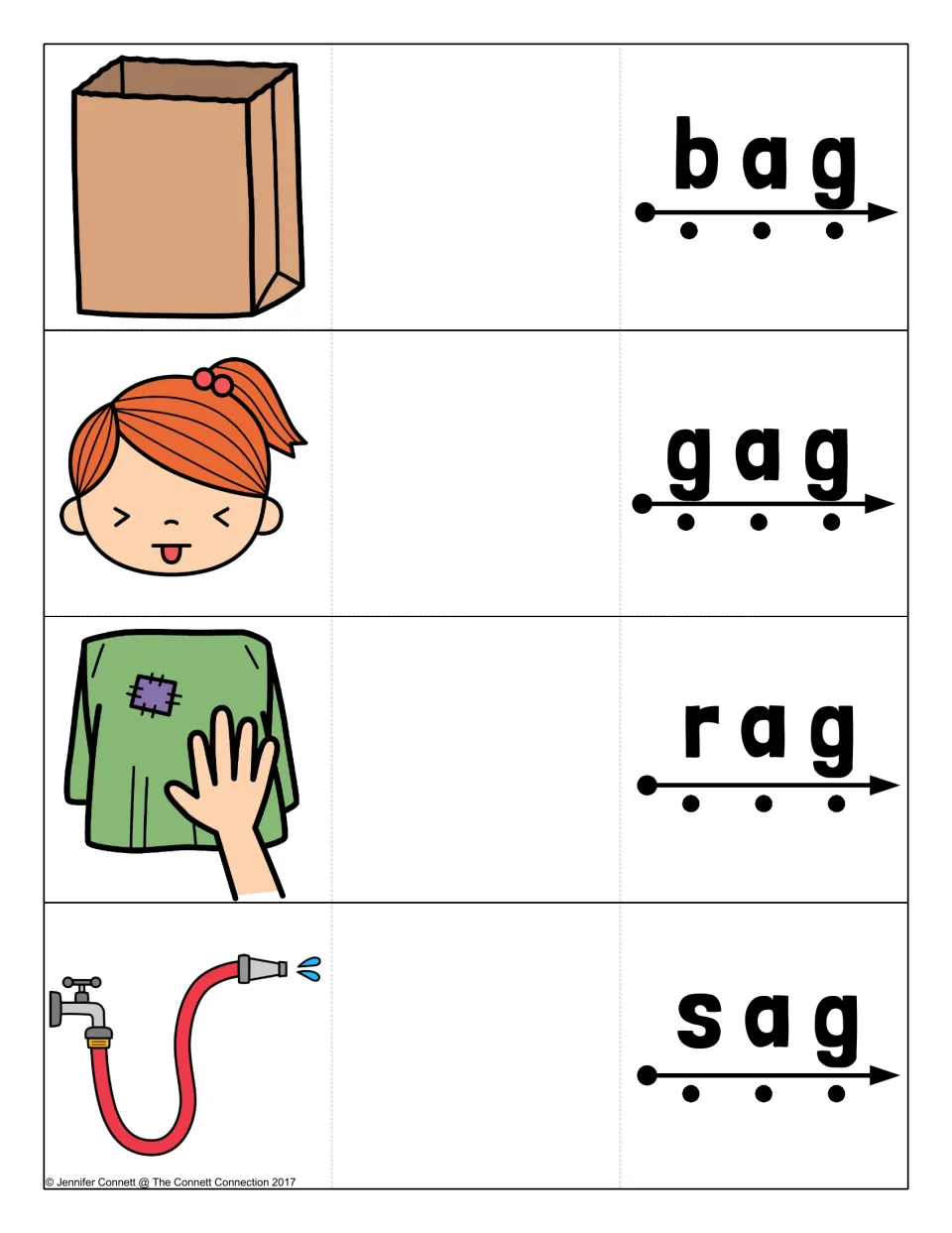 Short a -ag blending cards for bag, gag, rag and sag, pictured as a paper bag, tongue-out face, cloth and drooping hose