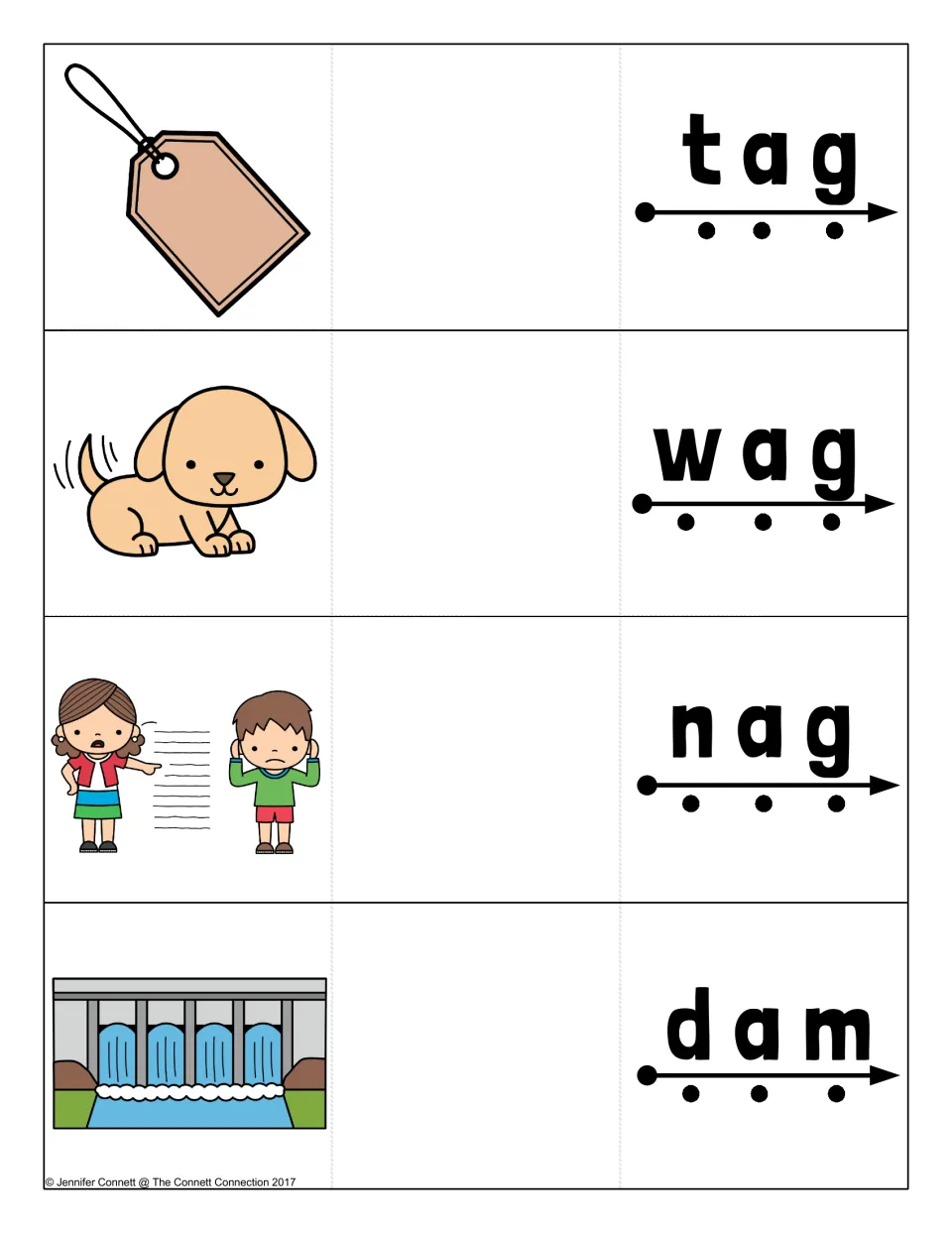 Short a cards for tag, wag, nag and dam: students blend each word along its arrow, then unfold to see the picture