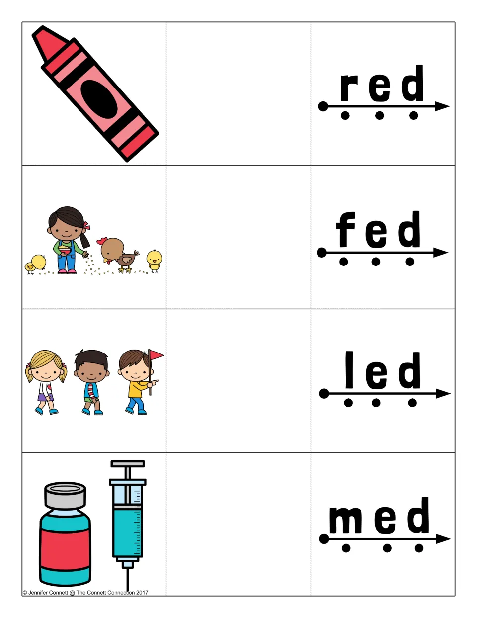 Short e -ed cards: students blend red, fed, led and med along sound dots, with crayon, feeding chicks and leader pictures