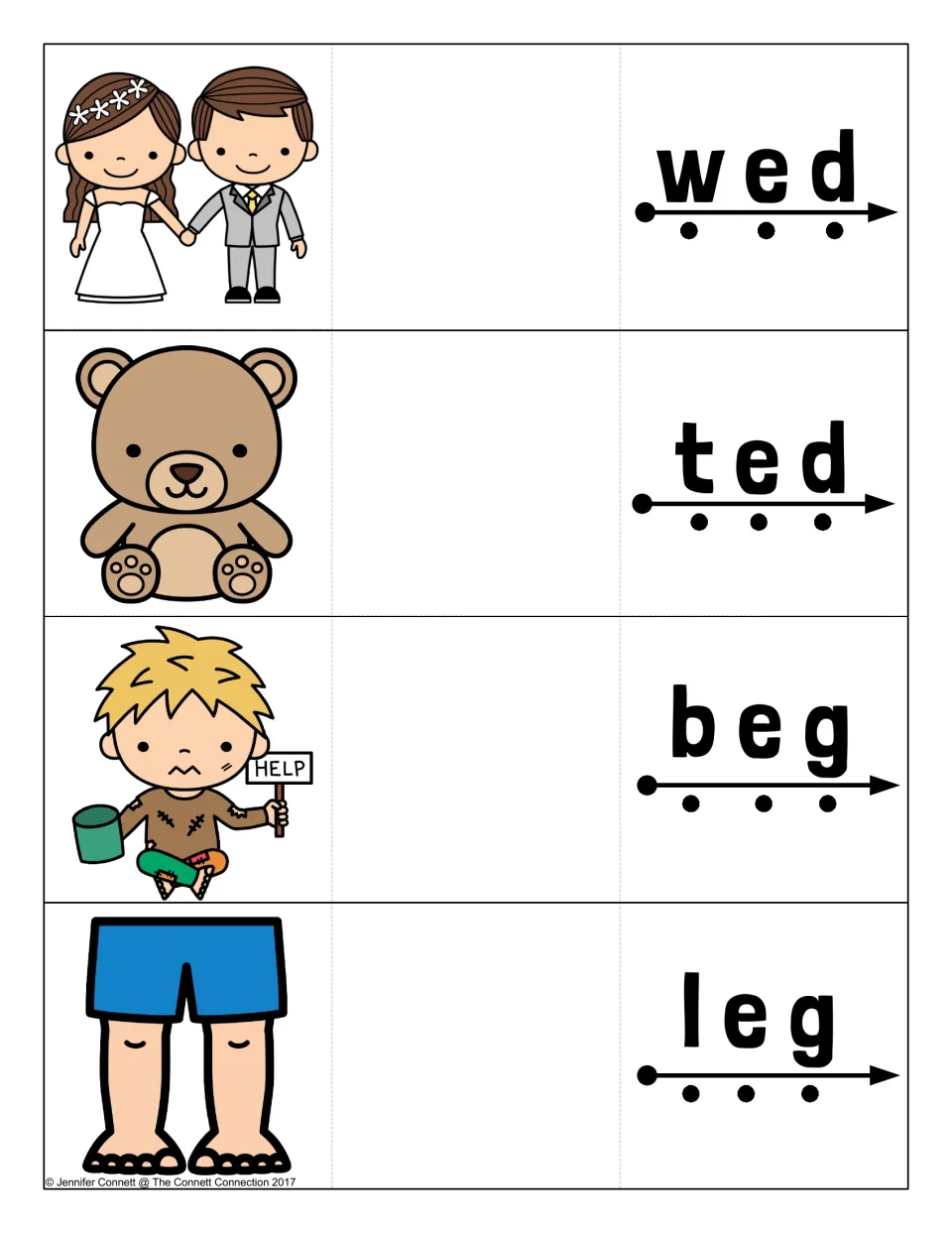 Short e cards for wed, ted, beg and leg: students tap each sound dot to blend, with bride and groom, teddy bear and legs