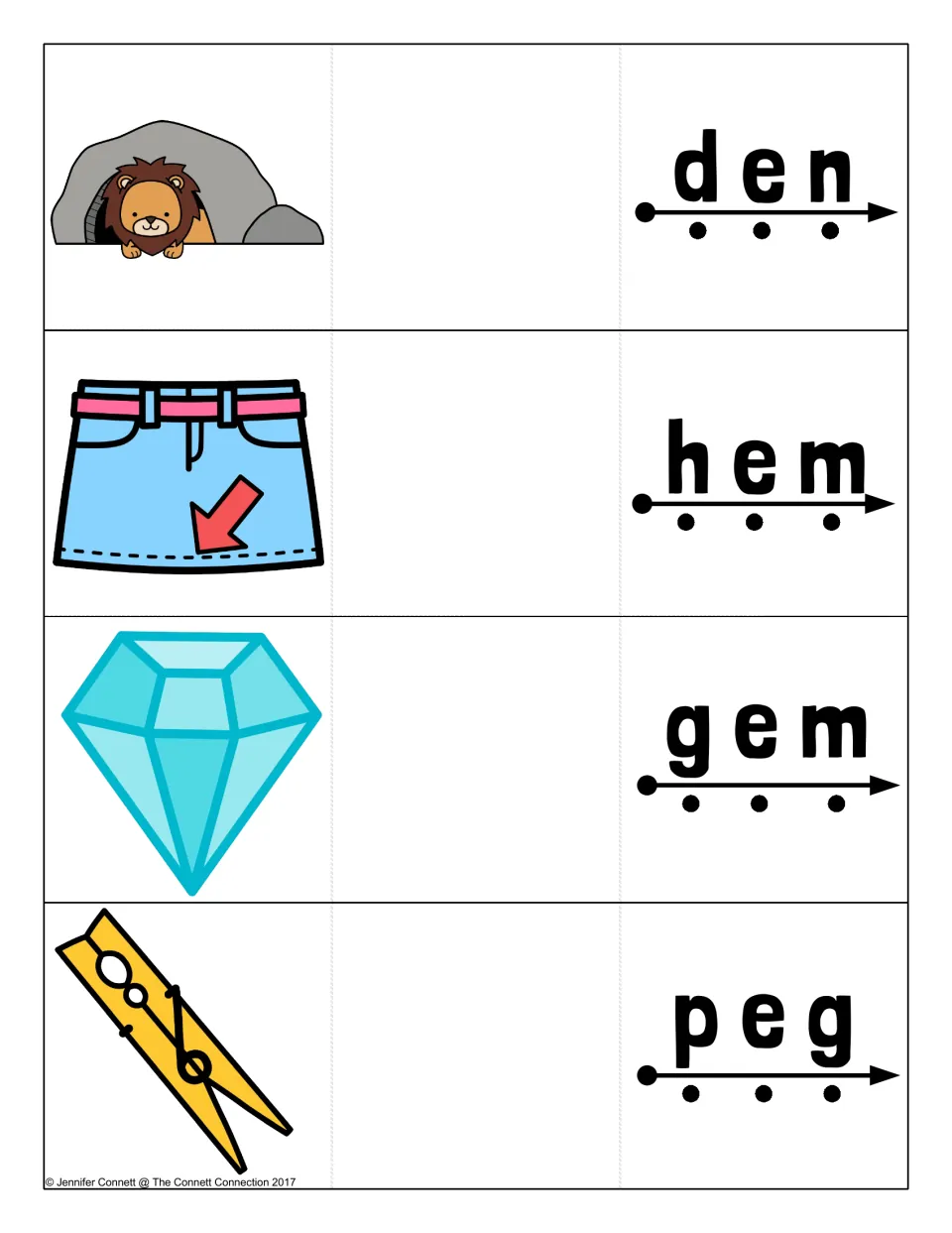 Short e cards: students blend den, hem, gem and peg, pictured as a lion in a cave, a skirt hem, a gem and a clothespin