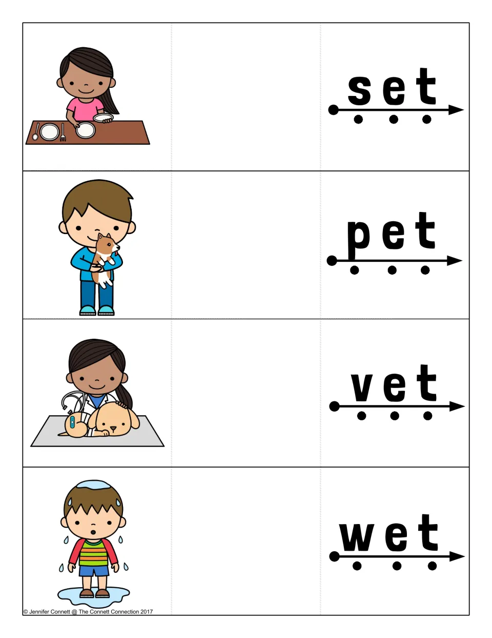 More -et cards: students blend set, pet, vet and wet, pictured as setting a table, hugging a puppy, a vet and a soaked boy