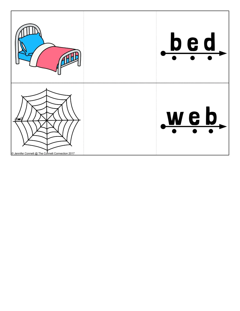 Last two short e cards: students blend bed and web along the sound-dot arrow before revealing the bed and spider web art