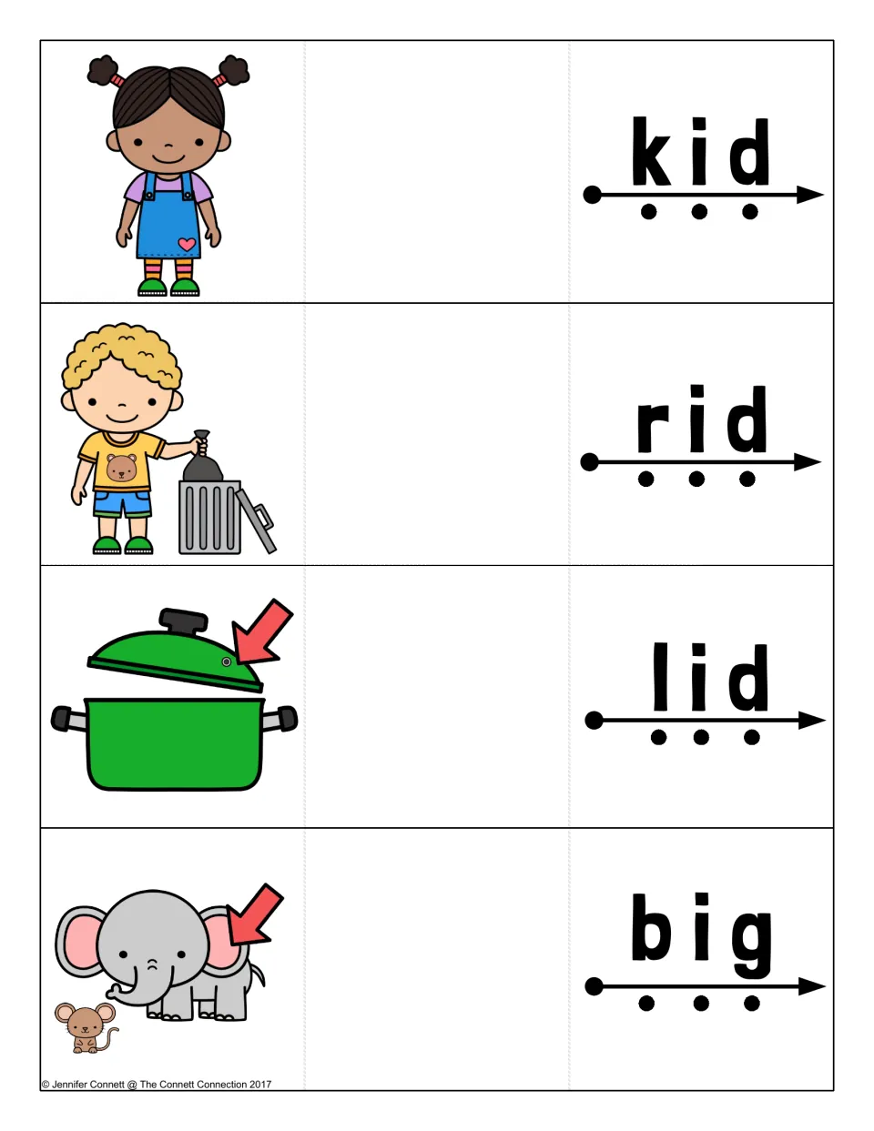 Short i blending cards for kid, rid, lid and big: students tap each sound dot, blend the word, then unfold to check