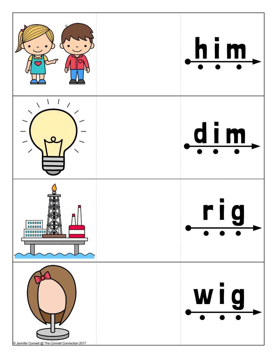 Short i blending cards for him, dim, rig and wig with a girl pointing at a boy, a light bulb, an oil rig and a wig