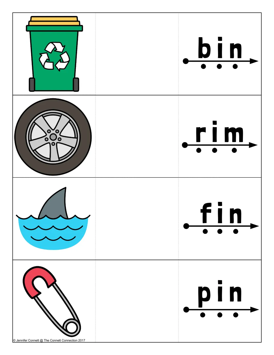 Short i blending cards for bin, rim, fin and pin, shown with a recycling bin, a wheel rim, a shark fin and a safety pin