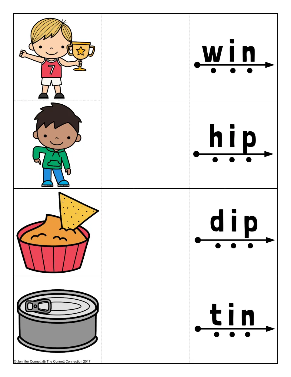 Short i blending cards for win, hip, dip and tin: a boy with a trophy, a boy touching his hip, chip in dip and a tin can