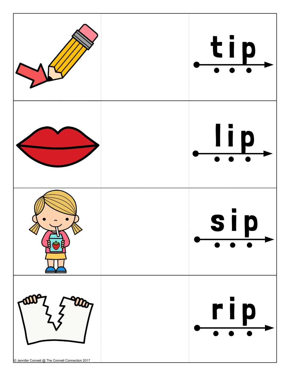 Short i blending cards for tip, lip, sip and rip with a pencil tip, red lips, a girl sipping juice and torn paper