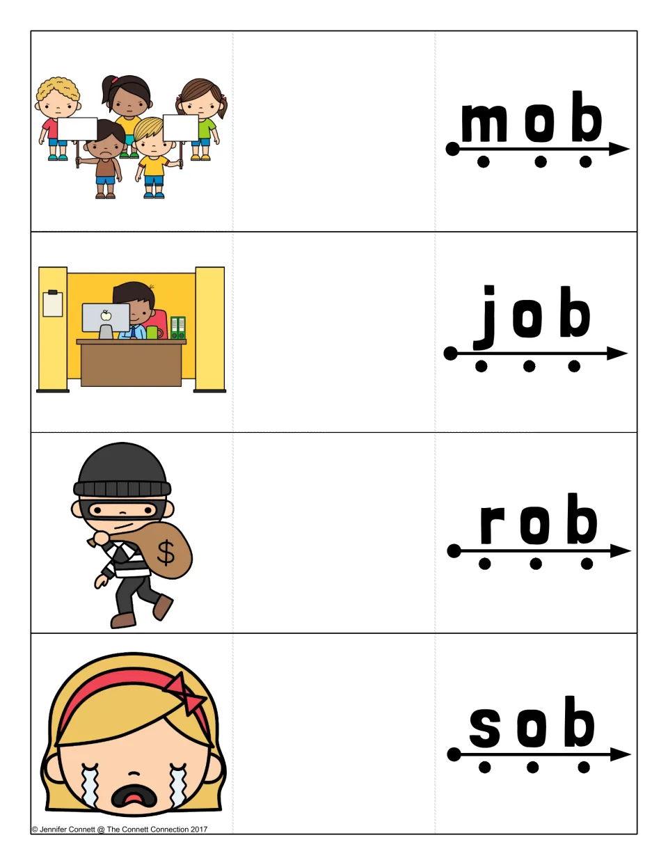 Short o -ob cards: students blend mob, job, rob and sob along a dotted arrow, each paired with a picture to reveal