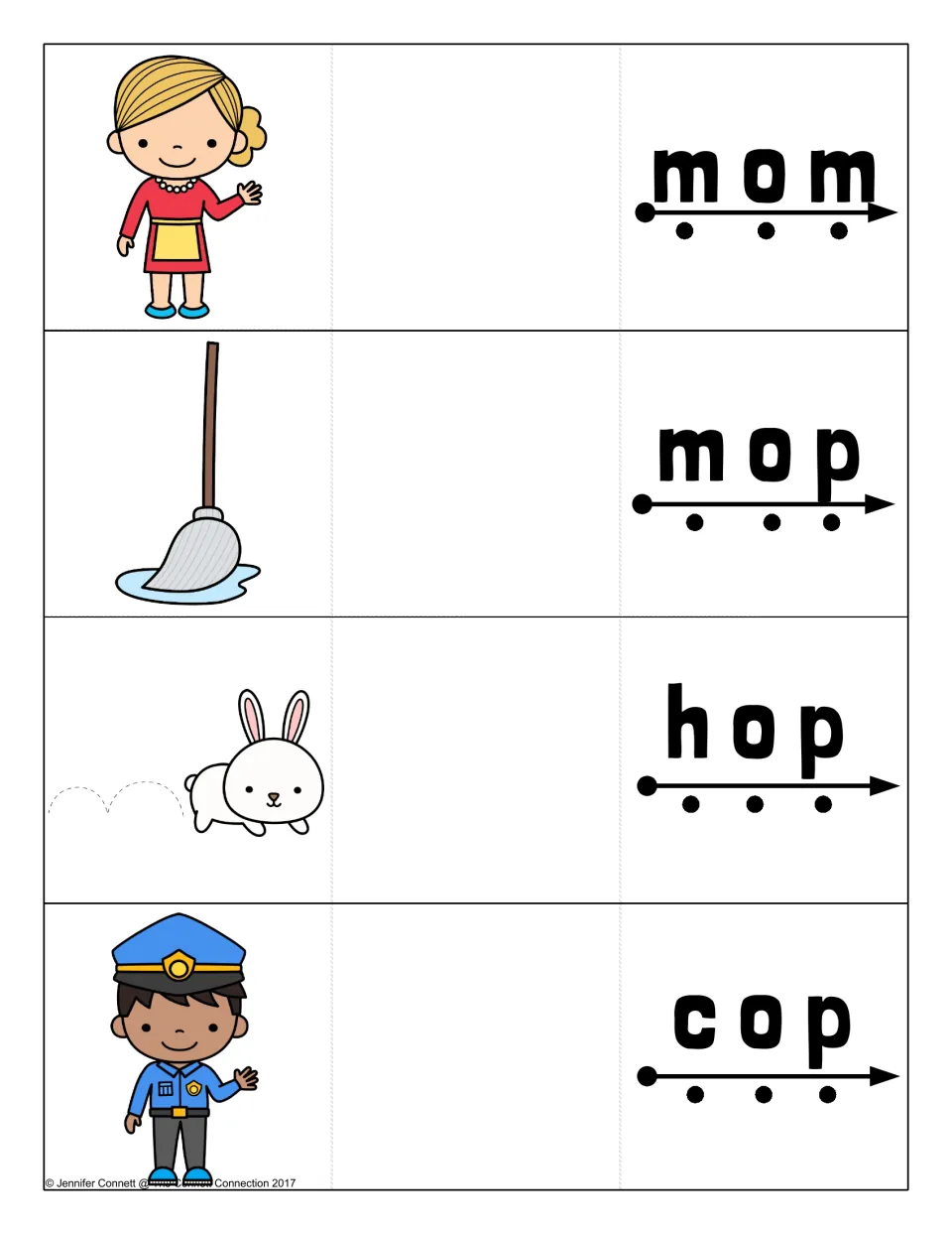Short o cards for mom, mop, hop and cop: students sound out each word, then reveal a mom, mop, hopping bunny or officer