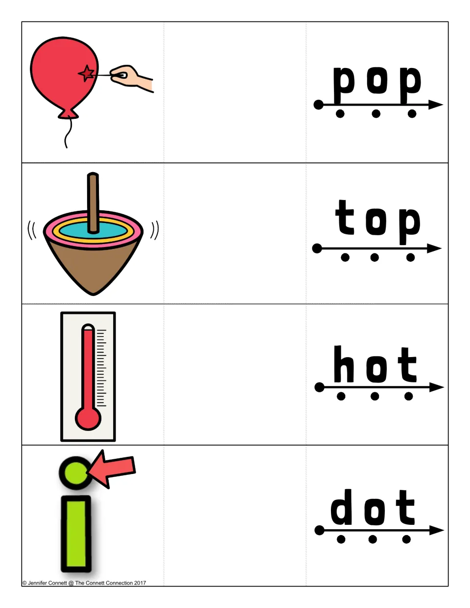 Short o cards for pop, top, hot and dot: students blend each word, then check a popping balloon, spinning top, thermometer