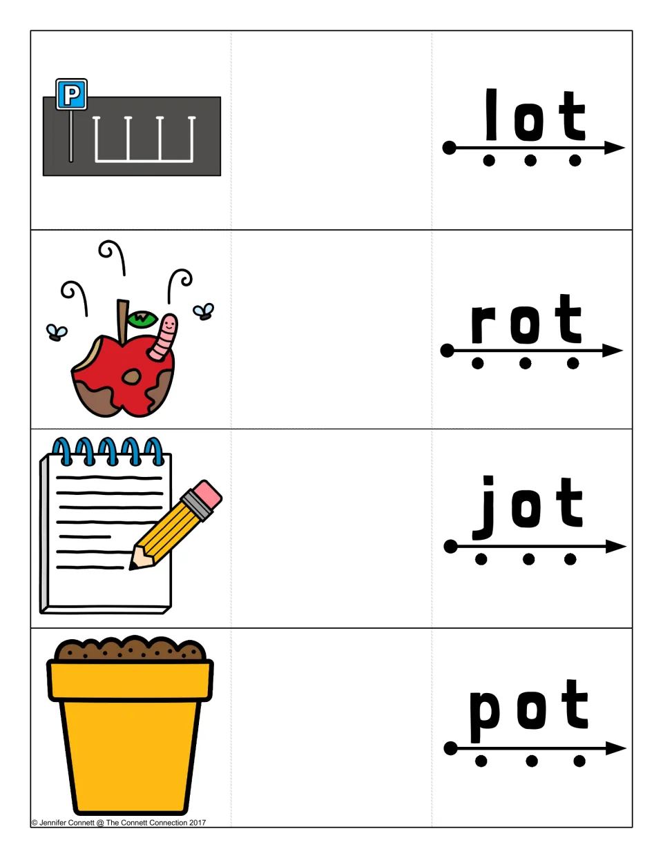 Short o -ot cards: students read lot, rot, jot and pot by sounds, revealing a parking lot, rotten apple, notepad and pot