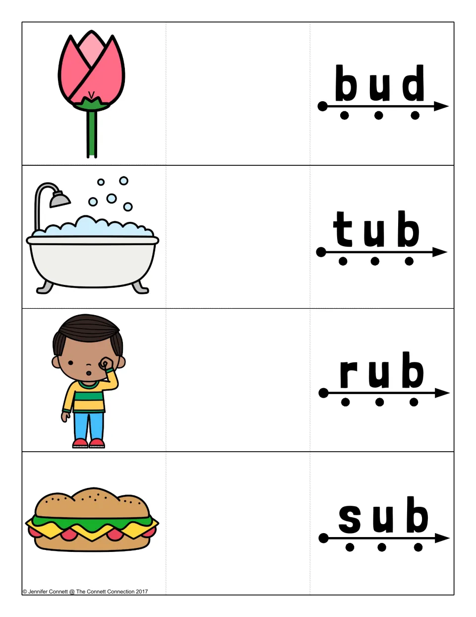 Short u cards for bud, tub, rub and sub: students tap each dot on the arrow to blend three sounds, then reveal the picture