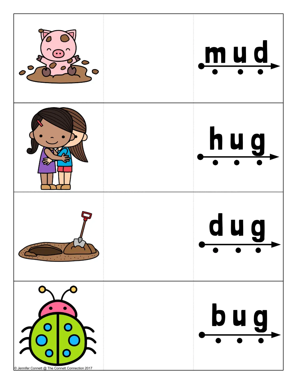 Short u cards for mud, hug, dug and bug: students blend each sound along the dotted arrow, then unfold to see the picture