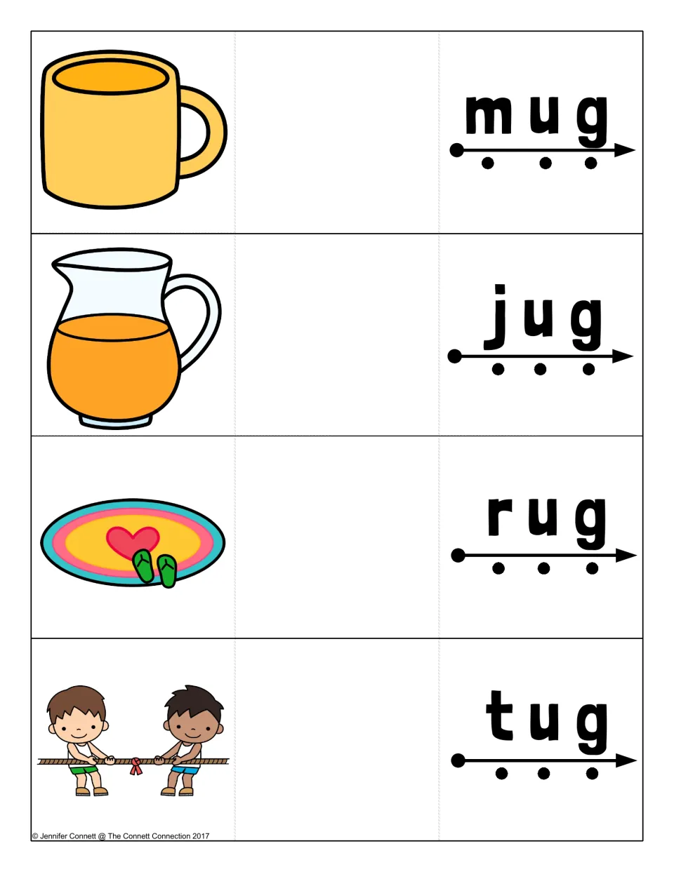 Short u cards for mug, jug, rug and tug: after blending, students open each card to a mug, juice jug, rug or tug-of-war