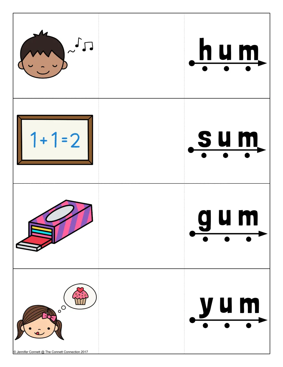 Short u -um cards for hum, sum, gum and yum: students sound out each letter along the arrow and say the word fast