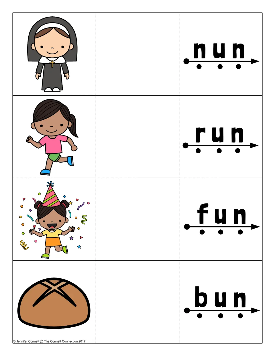 Short u -un cards for nun, run, fun and bun: students blend the sounds on the arrow, then open the card to check the picture