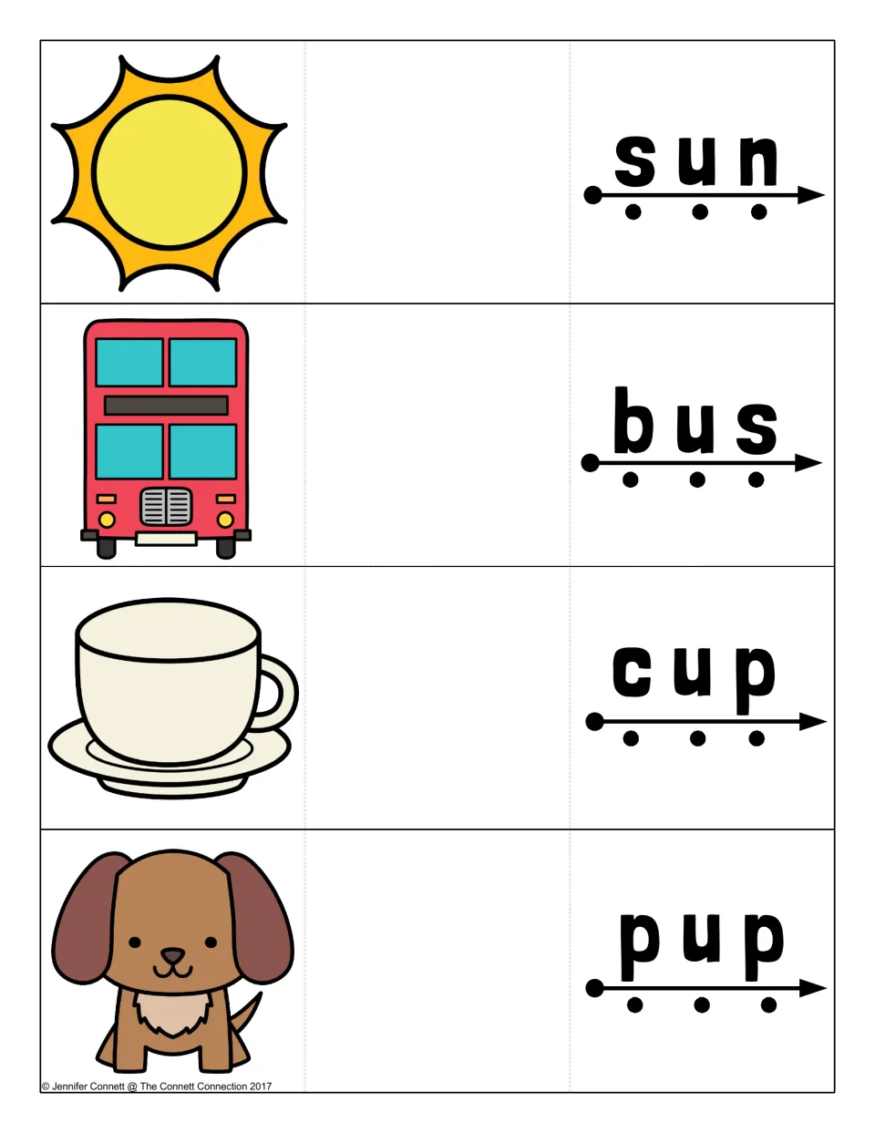 Mixed short u cards for sun, bus, cup and pup: students sound out each word with dot-by-dot blending before the reveal