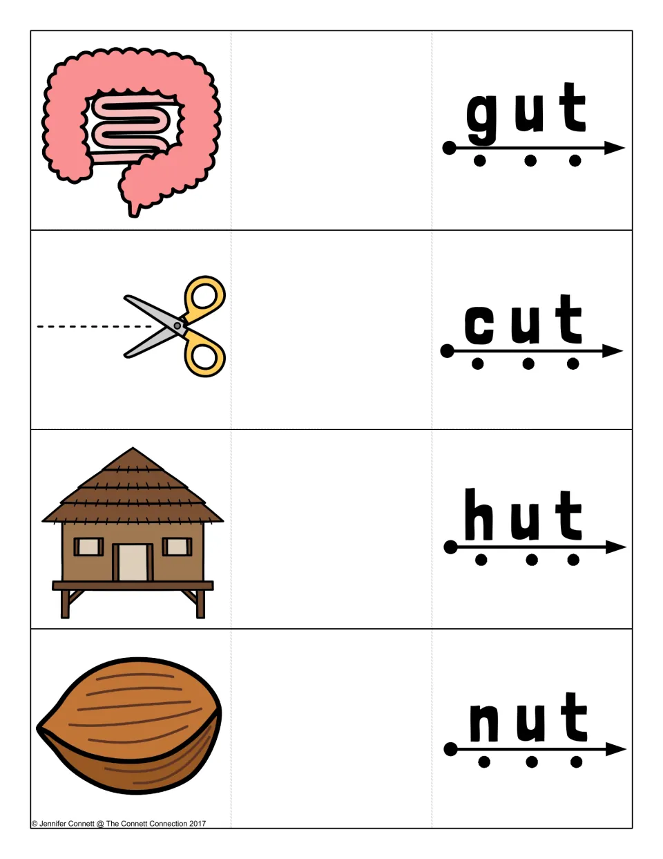 Short u -ut cards for gut, cut, hut and nut: students say each sound along the arrow, blend the word and reveal the image