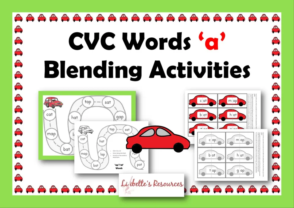 Cover of CVC Words 'a' Blending Activities showing car road tracks of short a words and split-car word cards